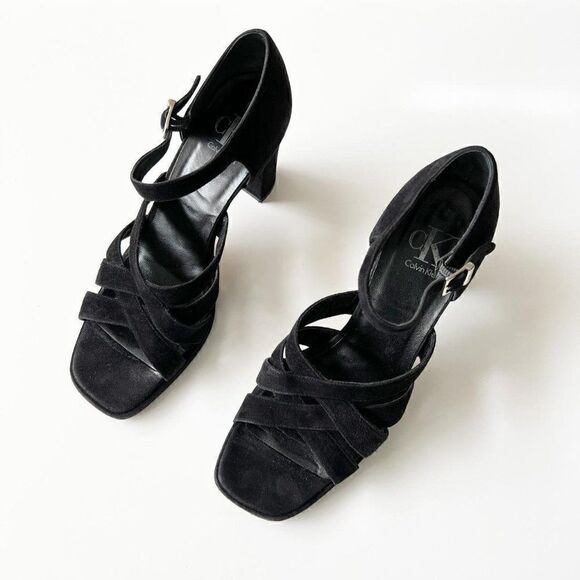 Vintage 90s Square Toe Formal Strappy Sandals Calvin Klein Black Suede Size 10 - Picture 3 of 8